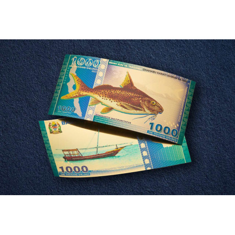 Złoty banknot Tanzański sum 1000 szylingów z jeziora Tanganika